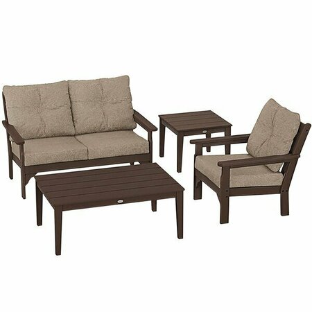 POLYWOOD Mahogany / Burlap 4-Piece Patio Set with Chair Settee and Newport Tables. 633PWS35M601